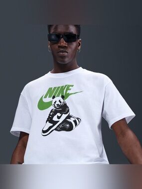 Nike Men’s White Tee with Green Logo and Panda dunk Graphic